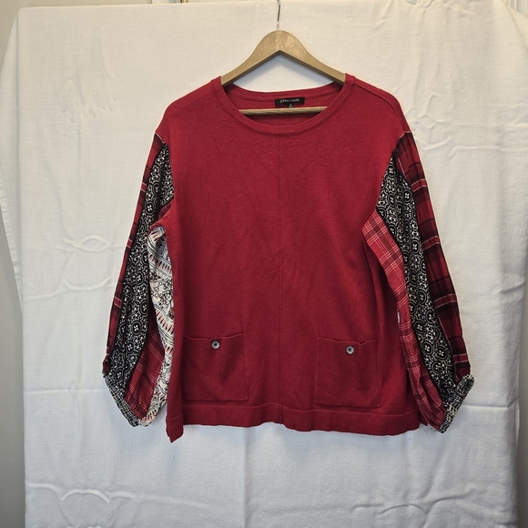 John Mark Sweaters - JOHN MARK Red Lightweight Sweater NWT with Patterned L/Sl Elastic Sleeves